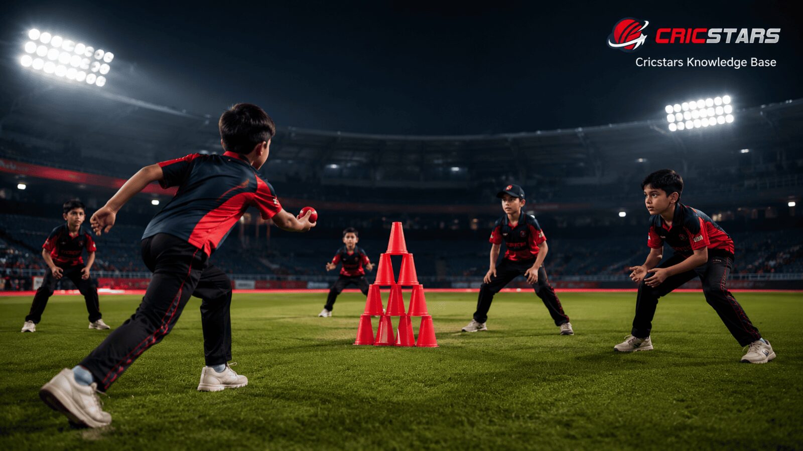 Junior cricket cone castle target defending game with children