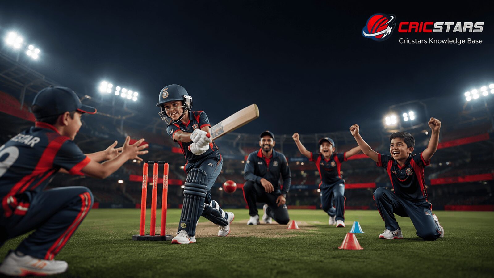 Friendly under 10 mini cricket match with children celebrating progress