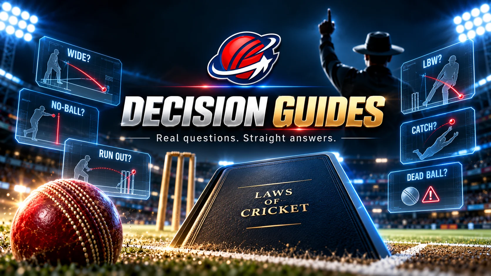Cricket laws and decision guides shown on a stadium display
