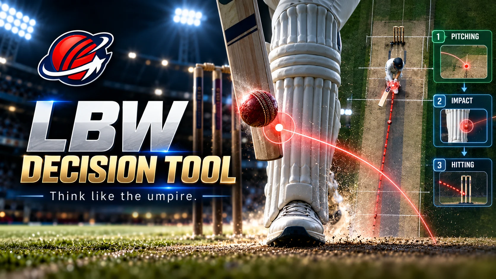 Cricket ball meeting a batter’s pad with a ball-tracking decision graphic