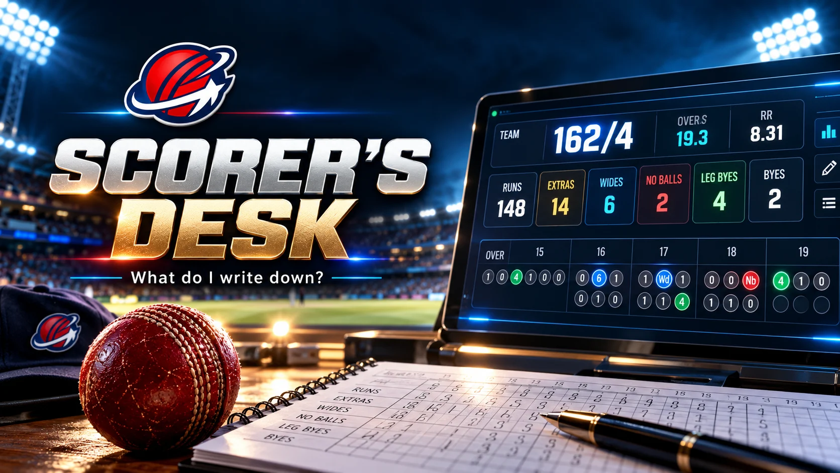 Cricket scorecard and digital scoring display at a floodlit ground