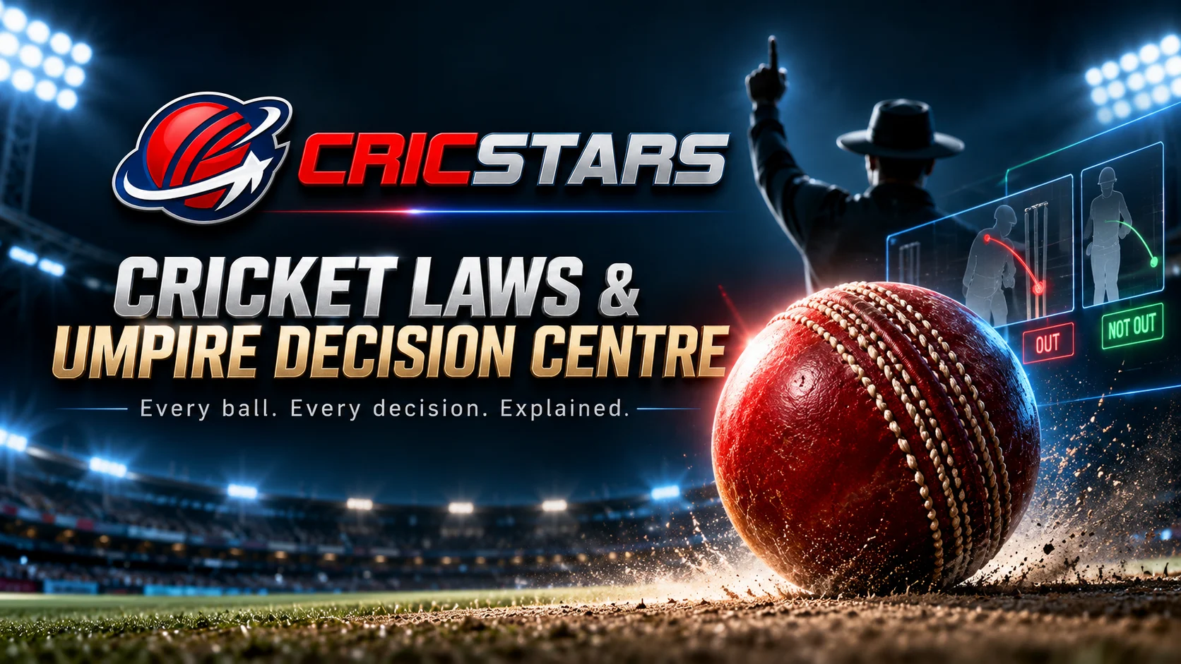 Cricket ball and umpire at a floodlit ground, introducing the Cricstars Cricket Laws Centre
